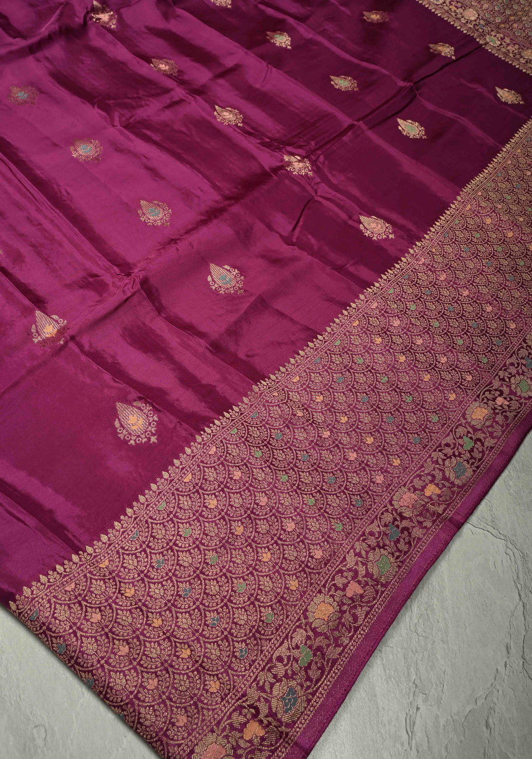 Purple Banarasi Semi Silk Saree with Meenakari Zari Buttas and Wide Zari Border