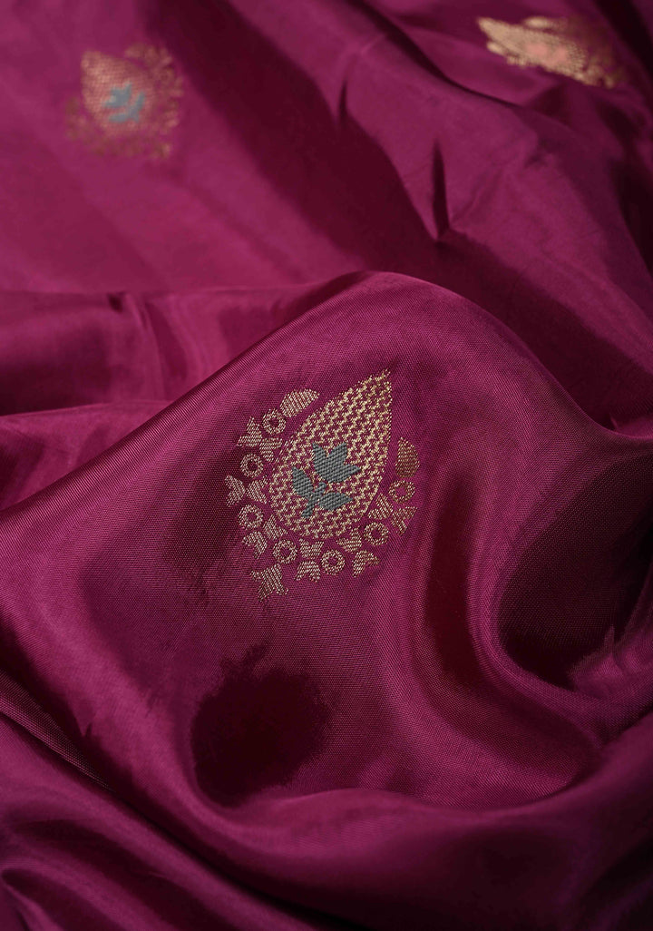 Purple Banarasi Semi Silk Saree with Meenakari Zari Buttas and Wide Zari Border