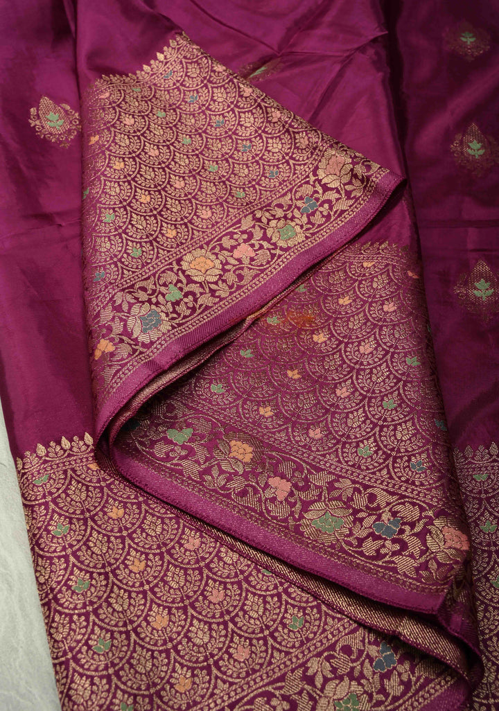 Purple Banarasi Semi Silk Saree with Meenakari Zari Buttas and Wide Zari Border