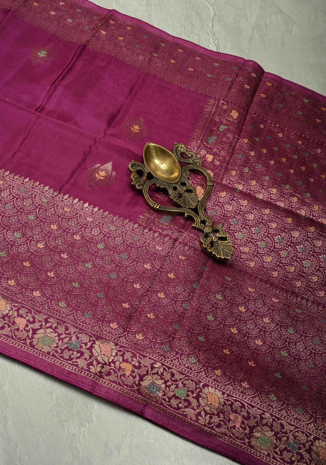 Purple Banarasi Semi Silk Saree with Meenakari Zari Buttas and Wide Zari Border