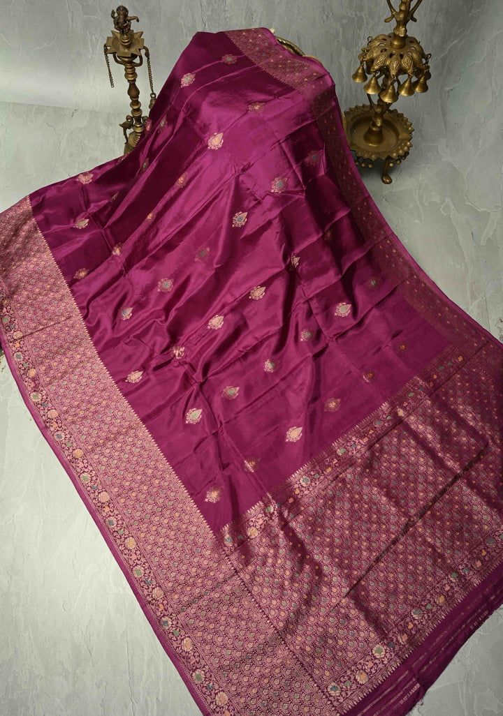 Purple Banarasi Semi Silk Saree with Meenakari Zari Buttas and Wide Zari Border