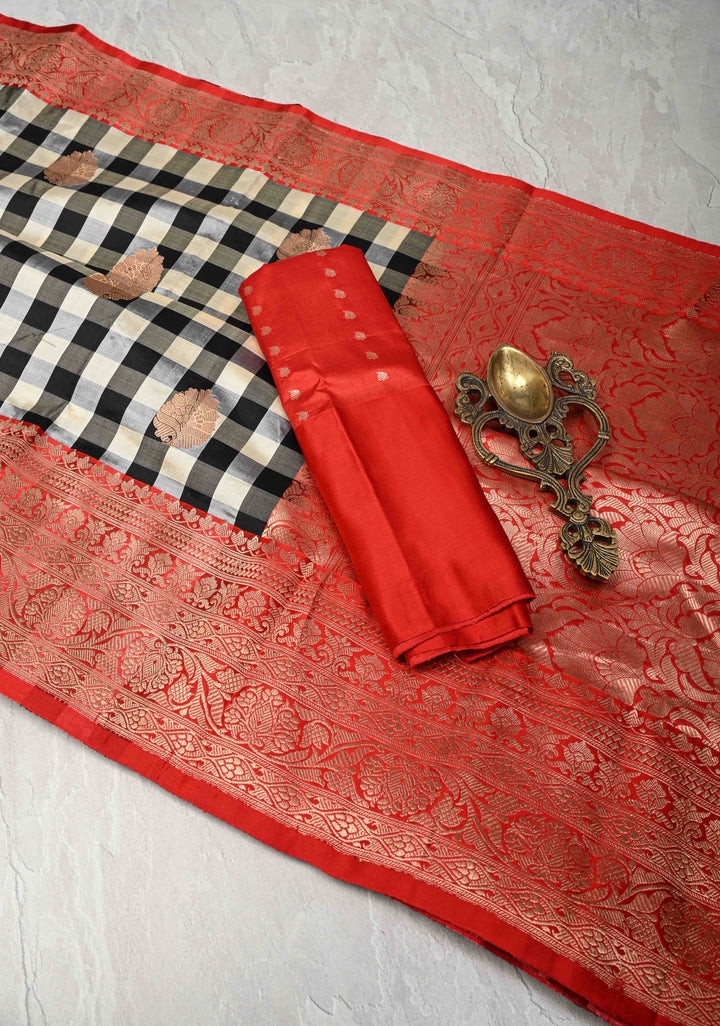 Pure Katan Silk Banarasi Saree in Black and White Checks with Contrasting Red Borders  | SILK MARK CERTIFIED