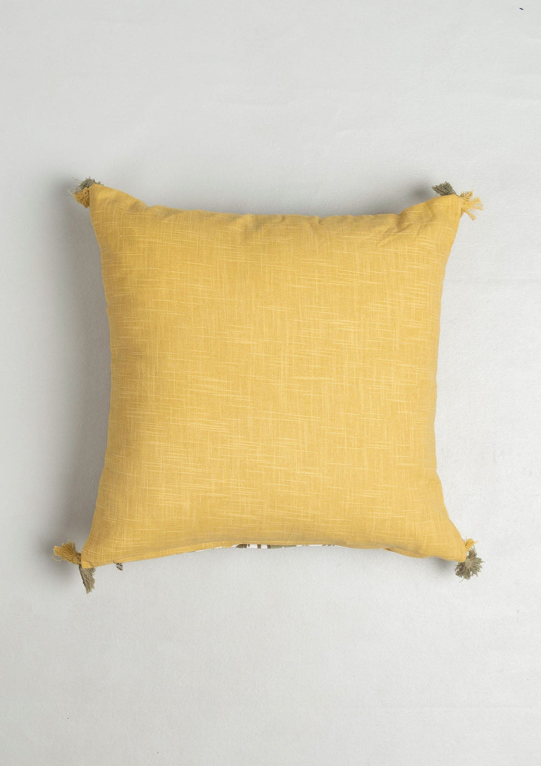 Nadar Yellow Printed Geometric Cushion Cover for Sofa with Tassels – 100% Cotton 16" x 16" | SHOBITAM