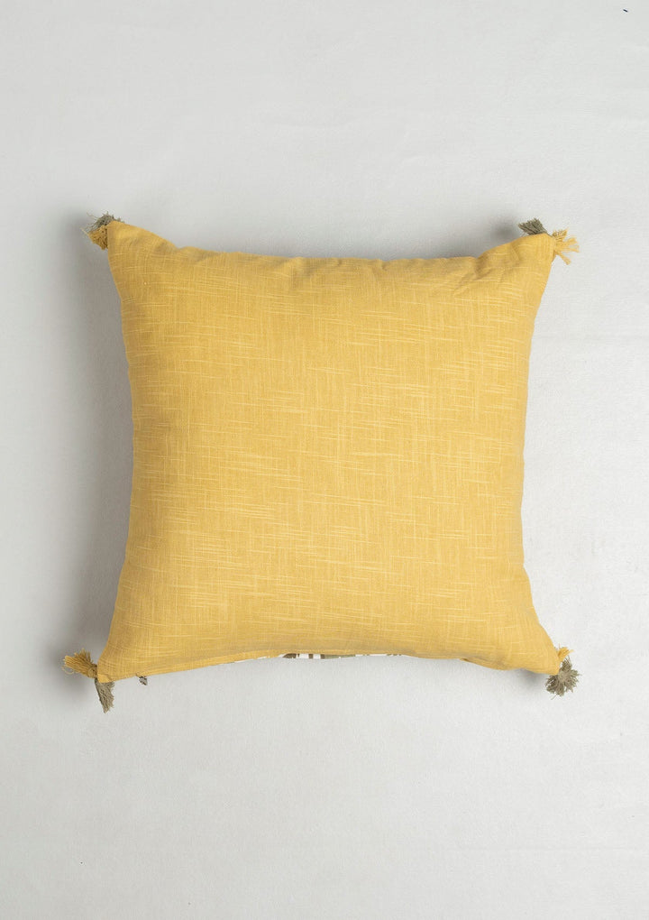 Nadar Yellow Printed Geometric Cushion Cover for Sofa with Tassels – 100% Cotton 16" x 16" | SHOBITAM