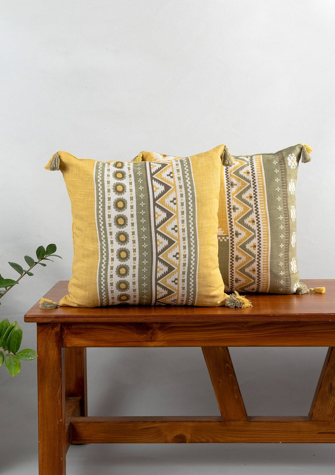 Nadar Yellow Printed Geometric Cushion Cover for Sofa with Tassels – 100% Cotton 16" x 16" | SHOBITAM