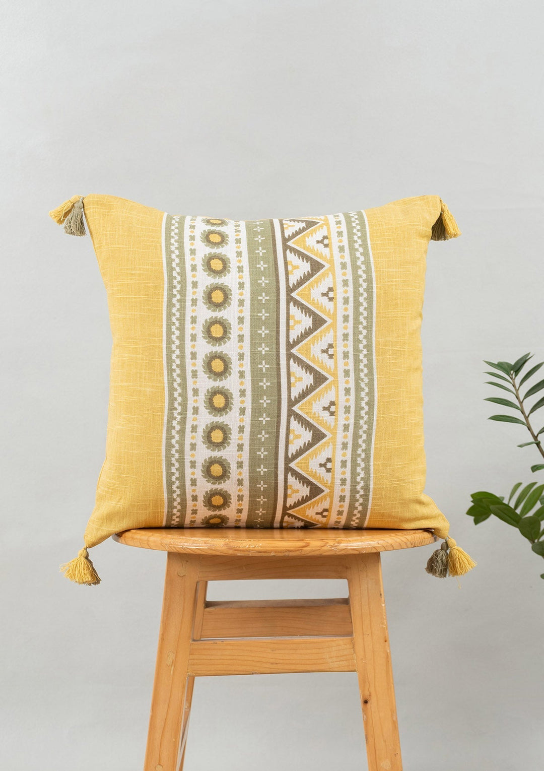 Nadar Yellow Printed Geometric Cushion Cover for Sofa with Tassels – 100% Cotton 16" x 16" | SHOBITAM
