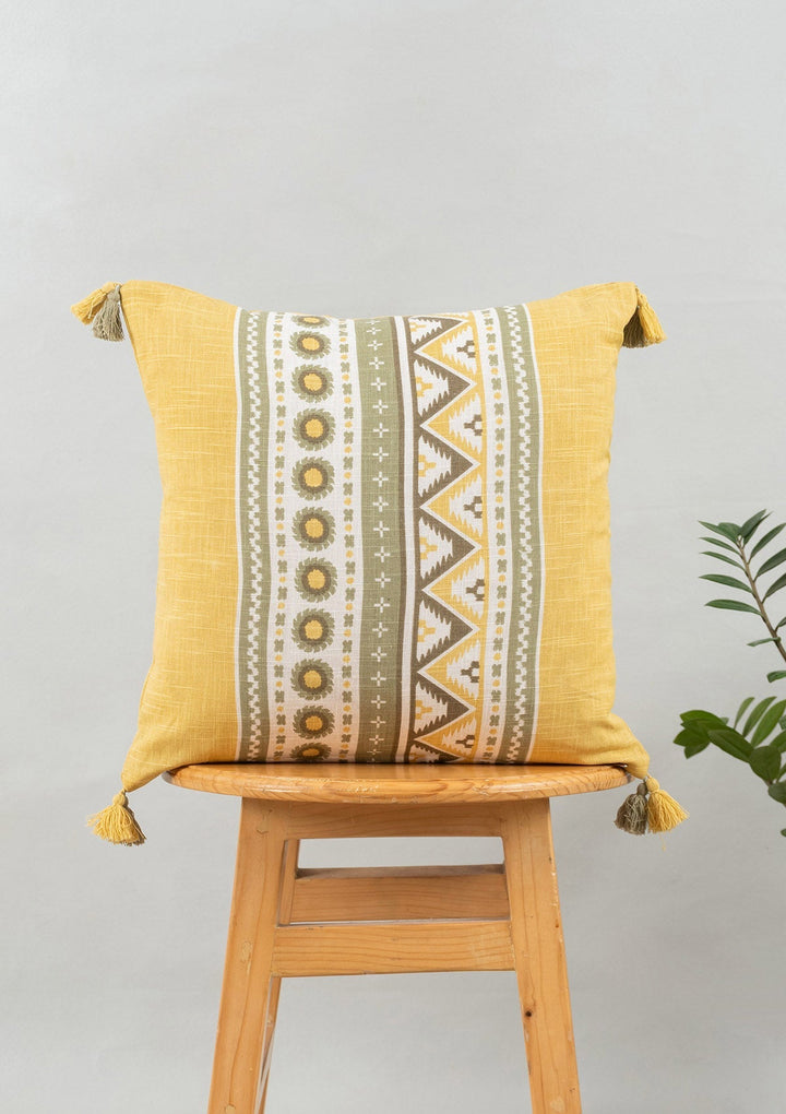 Nadar Yellow Printed Geometric Cushion Cover for Sofa with Tassels – 100% Cotton 16" x 16" | SHOBITAM