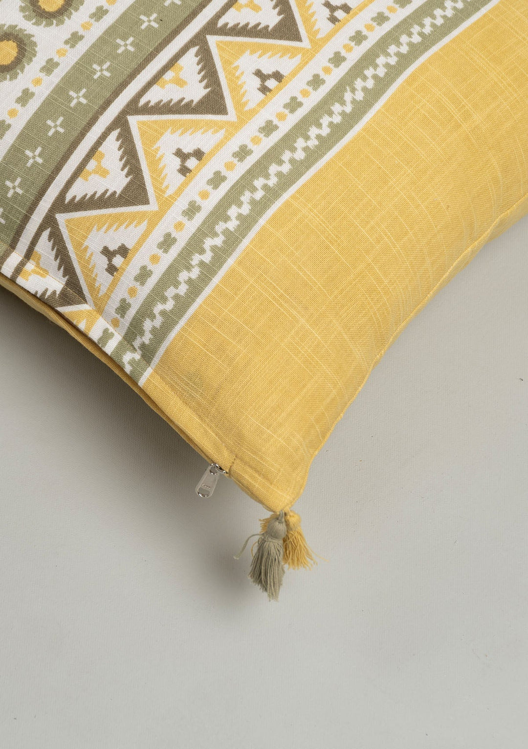 Nadar Yellow Printed Geometric Cushion Cover for Sofa with Tassels – 100% Cotton 16" x 16" | SHOBITAM