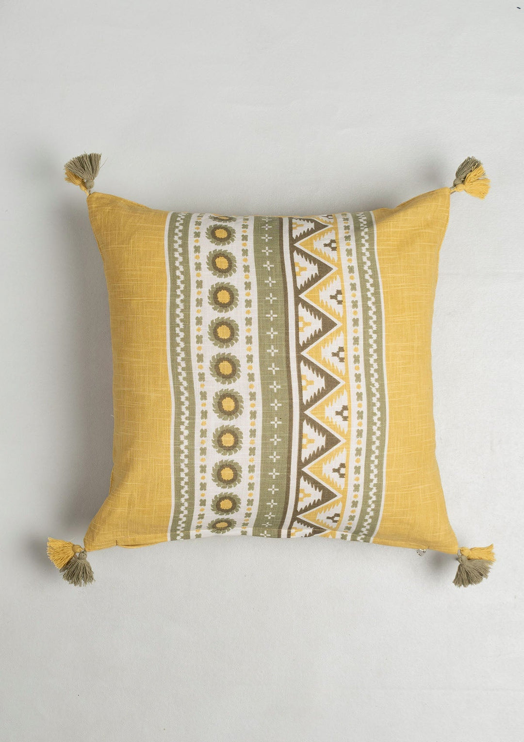 Nadar Yellow Printed Geometric Cushion Cover for Sofa with Tassels – 100% Cotton 16" x 16" | SHOBITAM