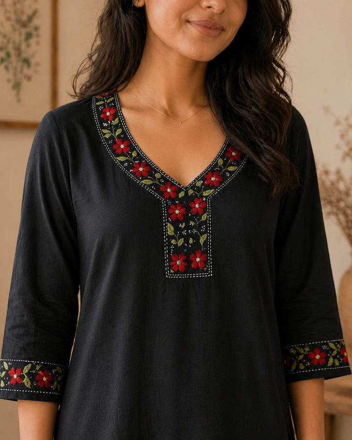 Navy Floral Kantha Cotton Kurta | SHOBITAM
