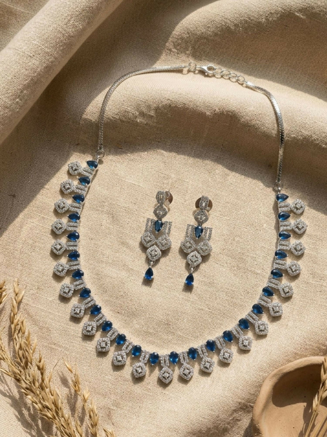 Finely Crafted Silver Plated American Diamond Necklace Set | SHOBITAM