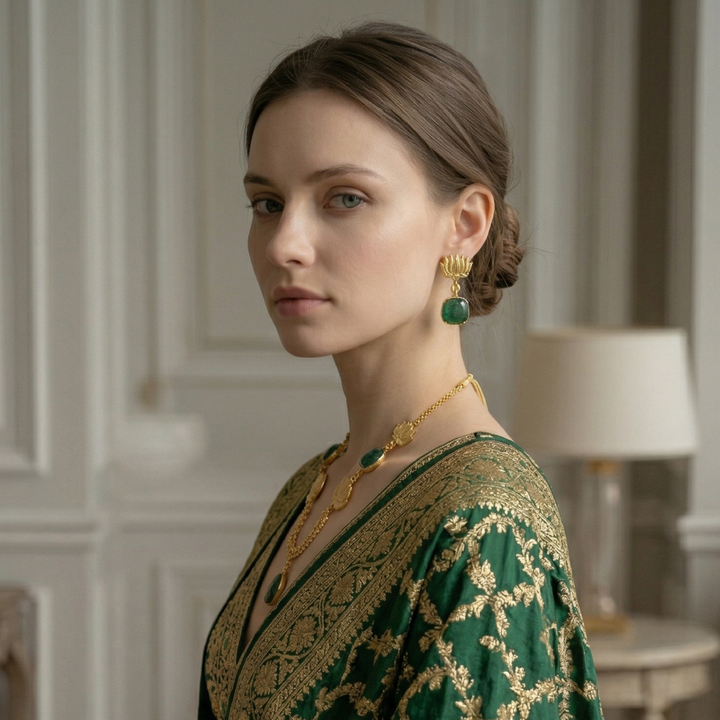Emerald Green Lotus Motif Statement Necklace Set | SHOBITAM