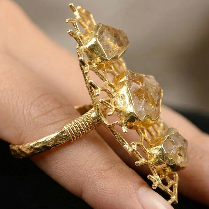 Raw Citrine Cluster Adjustable Cocktail Ring | SHOBITAM