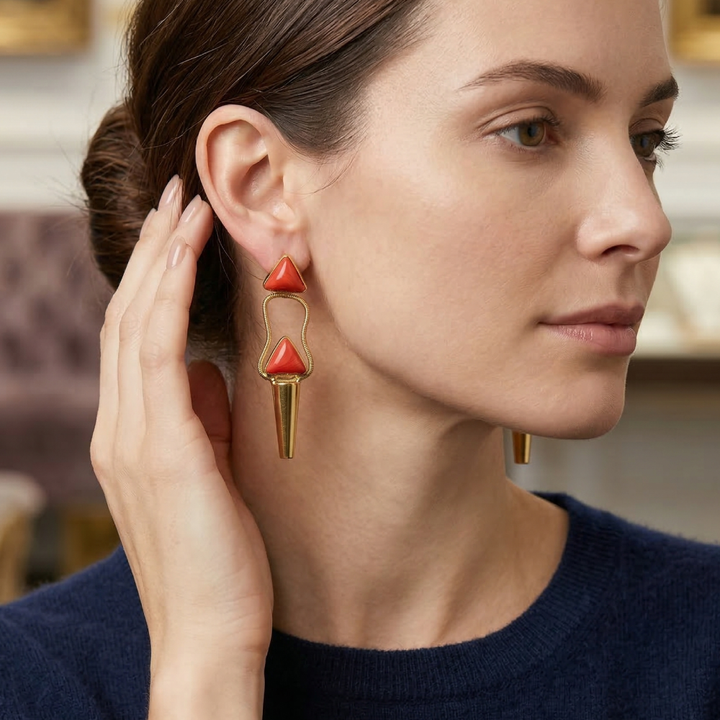 Coral Geometric Gold Tapered Drop Earrings | SHOBITAM