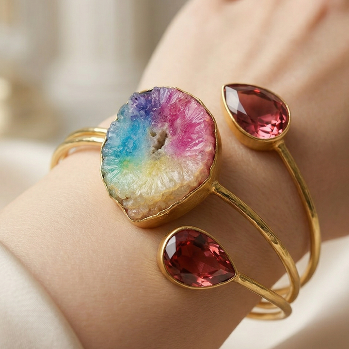 Rainbow Solar Agate Statement Handcuff Bracelet | SHOBITAM