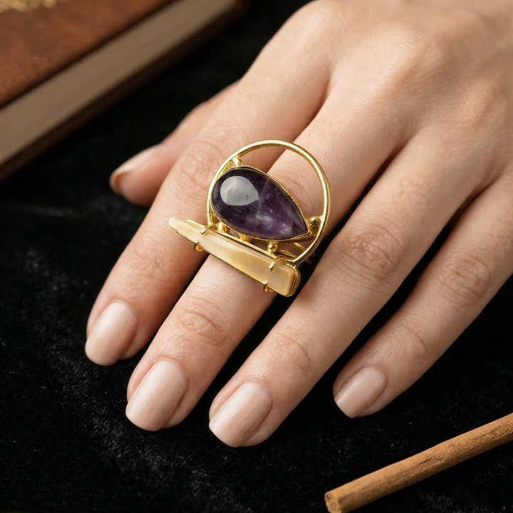 Gold Tone Amethyst & MOP Statement Ring | SHOBITAM