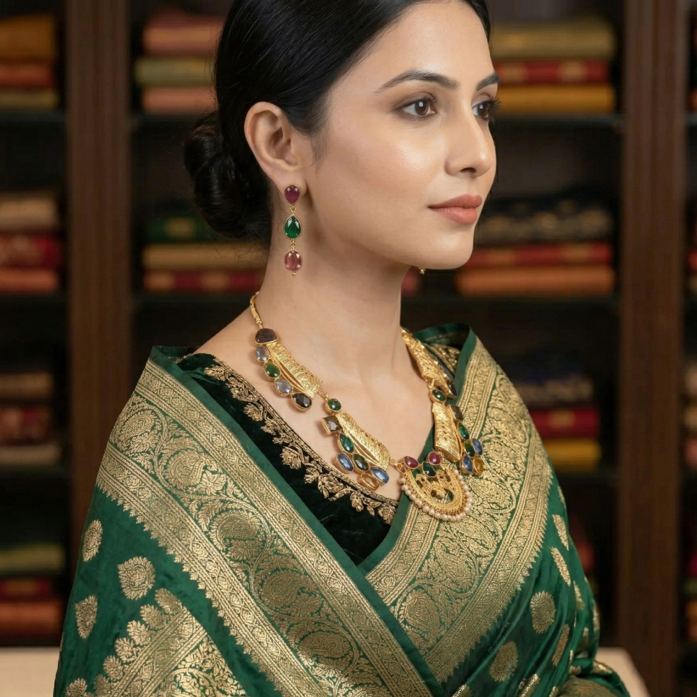Peacock Motif Multicolor Stones Necklace Set | SHOBITAM