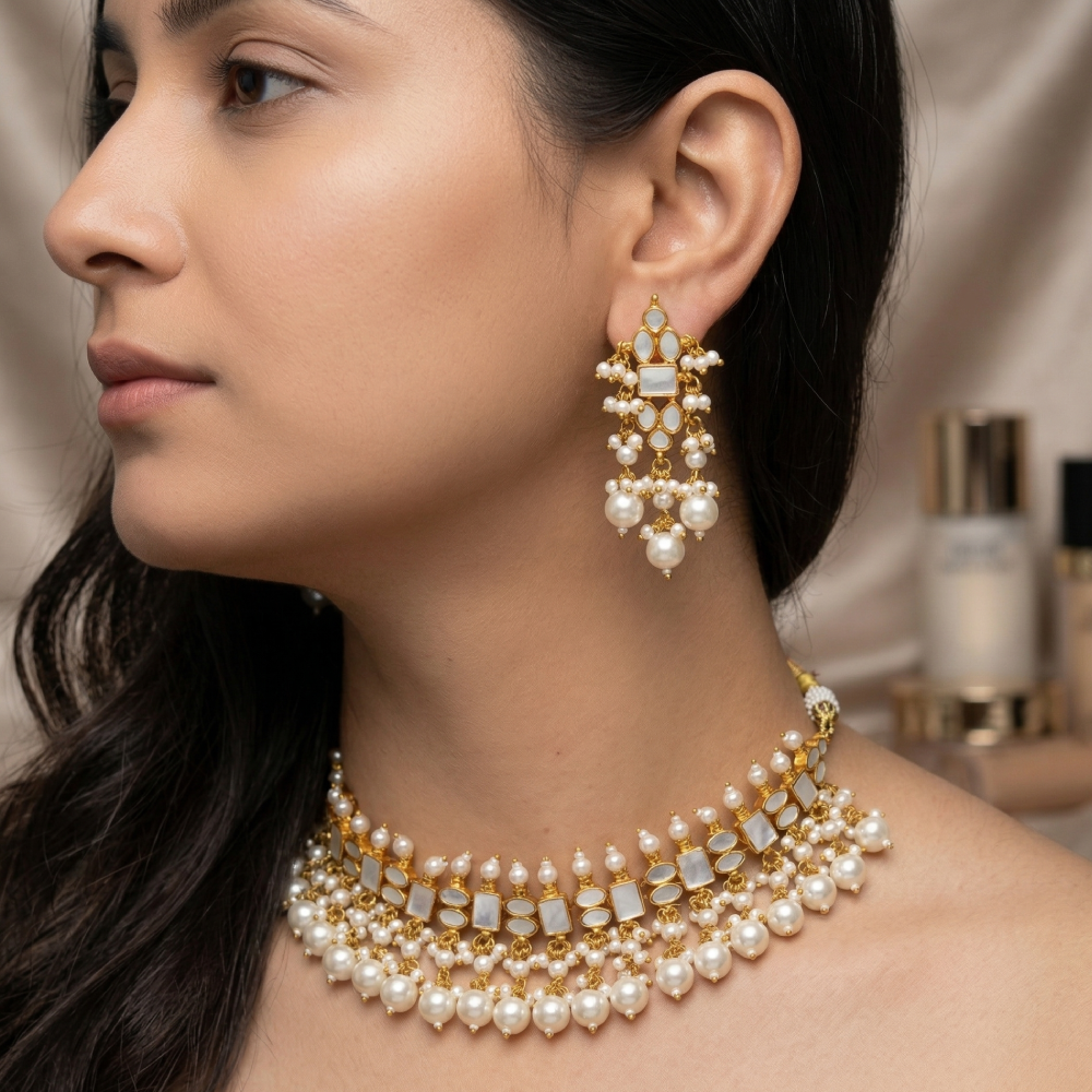 Regal Pearl Drop Necklace Set Earrings | SHOBITAM