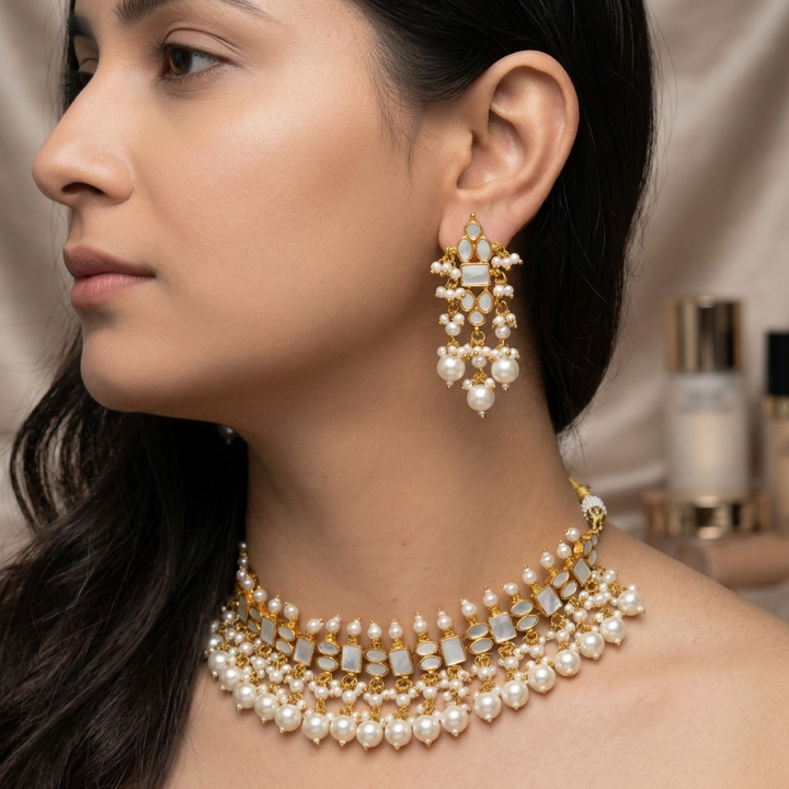 Regal Pearl Drop Necklace Set Earrings | SHOBITAM