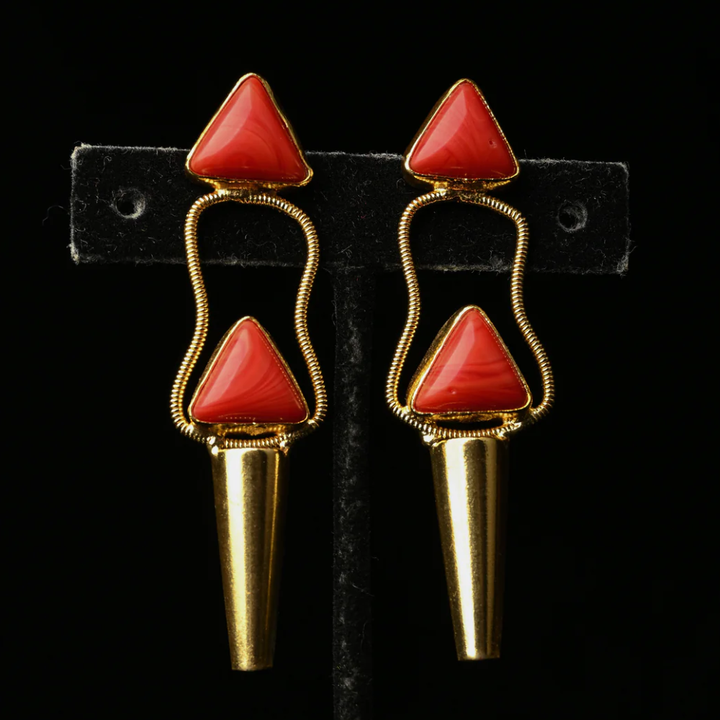 Coral Geometric Gold Tapered Drop Earrings | SHOBITAM