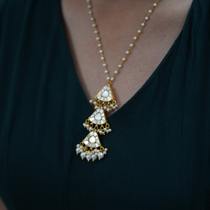 Bridal 3-Tier MOP Kundan Pendant Necklace | SHOBITAM