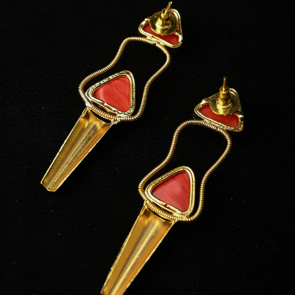 Coral Geometric Gold Tapered Drop Earrings | SHOBITAM