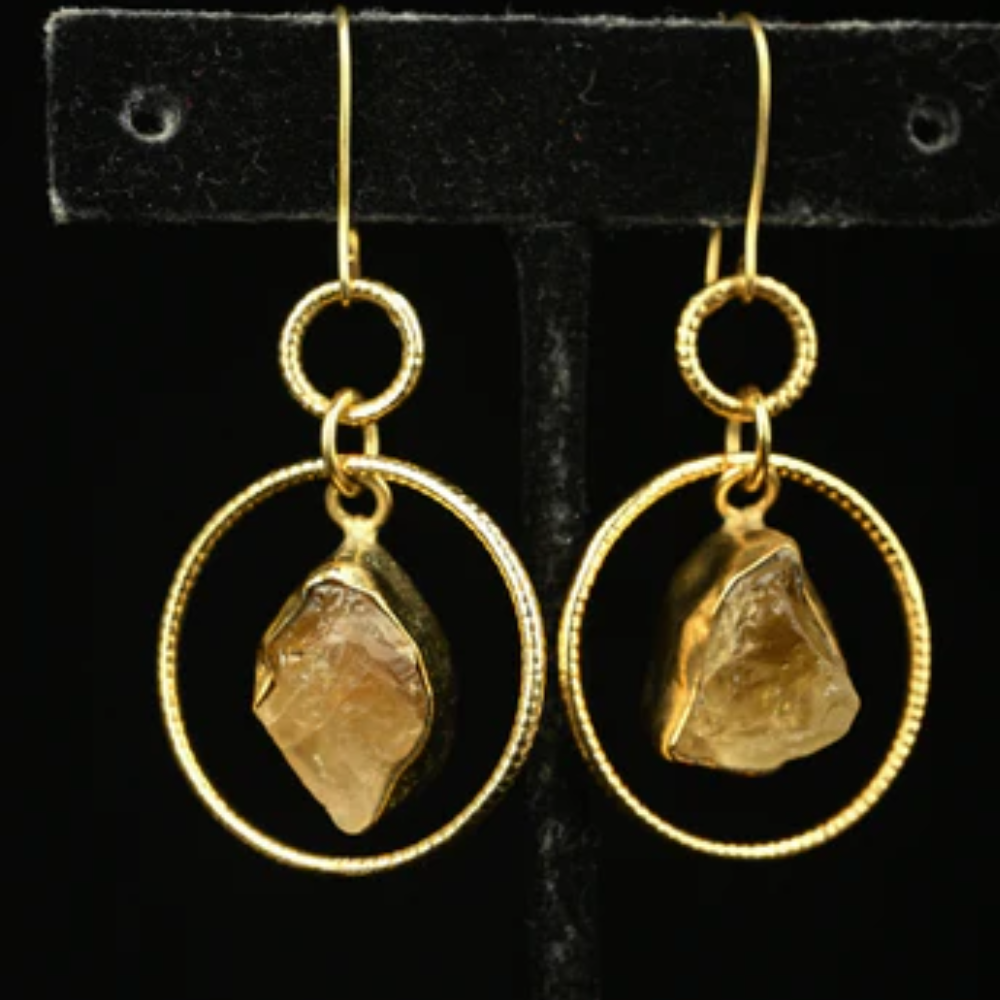 Gold Tone Natural Stone Citrine Drop Earrings | SHOBITAM