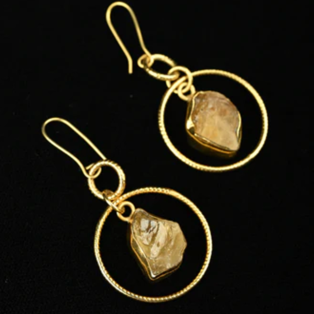 Gold Tone Natural Stone Citrine Drop Earrings | SHOBITAM