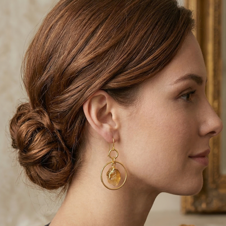Gold Tone Natural Stone Citrine Drop Earrings | SHOBITAM