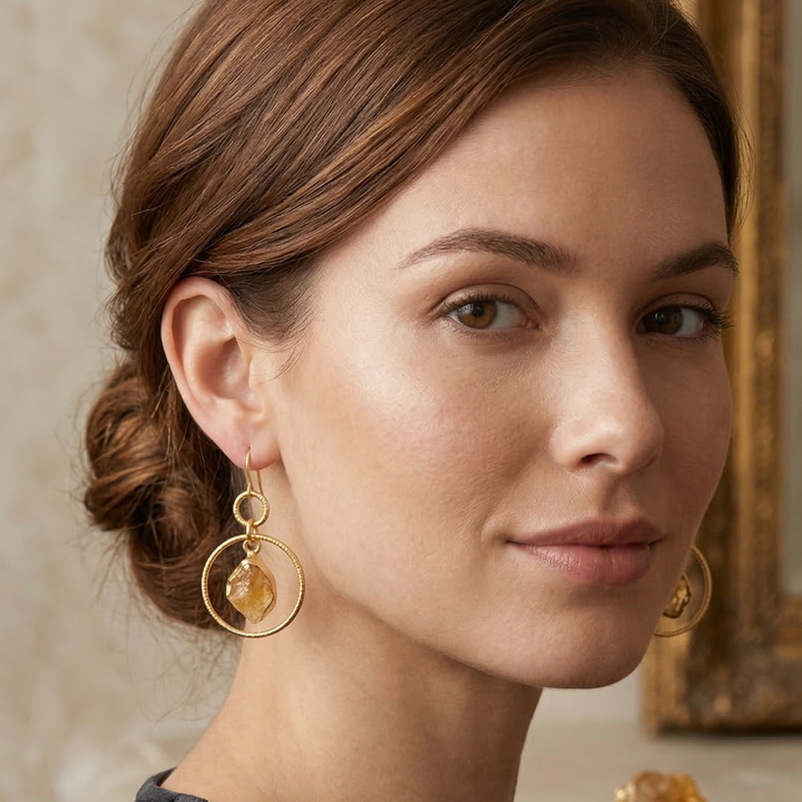 Gold Tone Natural Stone Citrine Drop Earrings | SHOBITAM