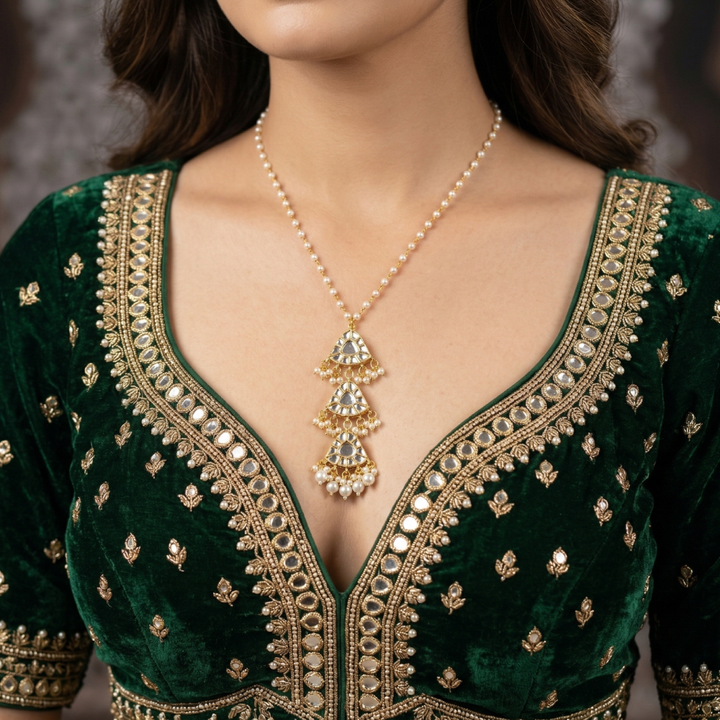 Bridal 3-Tier MOP Kundan Pendant Necklace | SHOBITAM