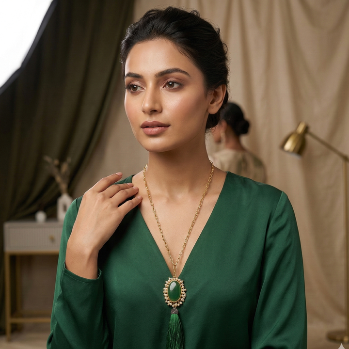 Emerald Glow Green Onyx Pearl Tassel Necklace | SHOBITAM