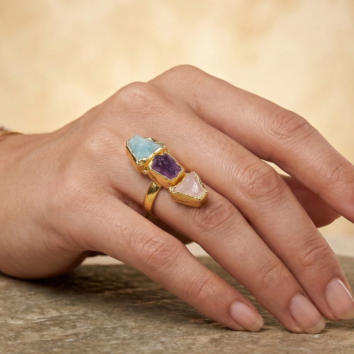 Monalisa Stone Trio Ring in Gold-Plated Brass | SHOBITAM