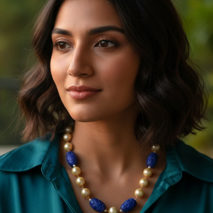 Beaded Mala Necklace with Pearl & Onyx Stones  | SHOBITAM