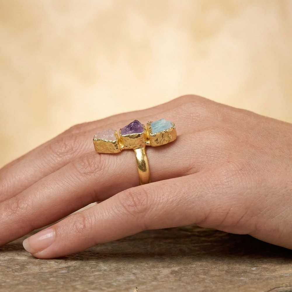 Monalisa Stone Trio Ring in Gold-Plated Brass | SHOBITAM