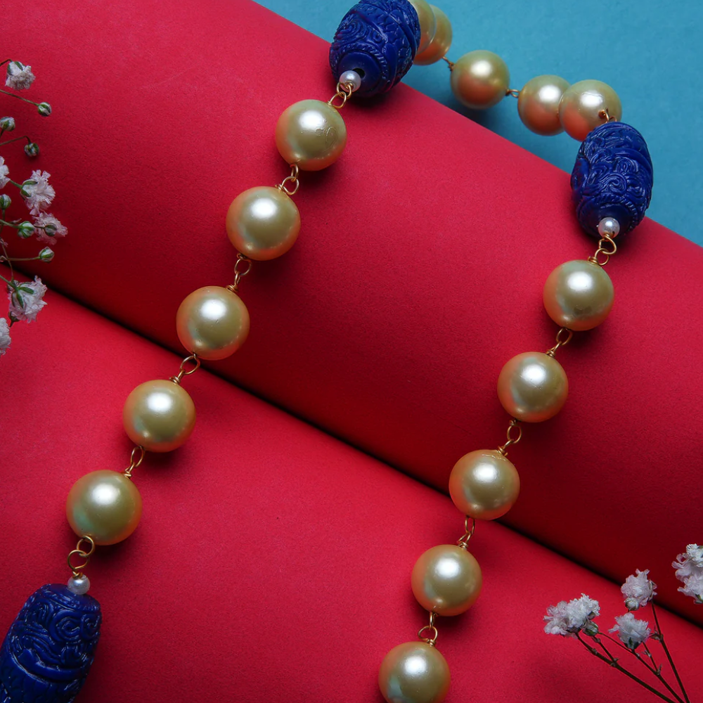 Beaded Mala Necklace with Pearl & Onyx Stones  | SHOBITAM