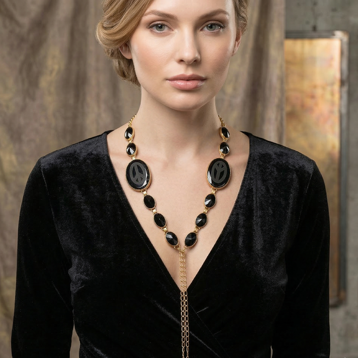 Black Onyx & Glass Gemstone Necktie Necklace  | SHOBITAM