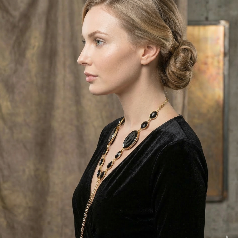 Black Onyx & Glass Gemstone Necktie Necklace  | SHOBITAM