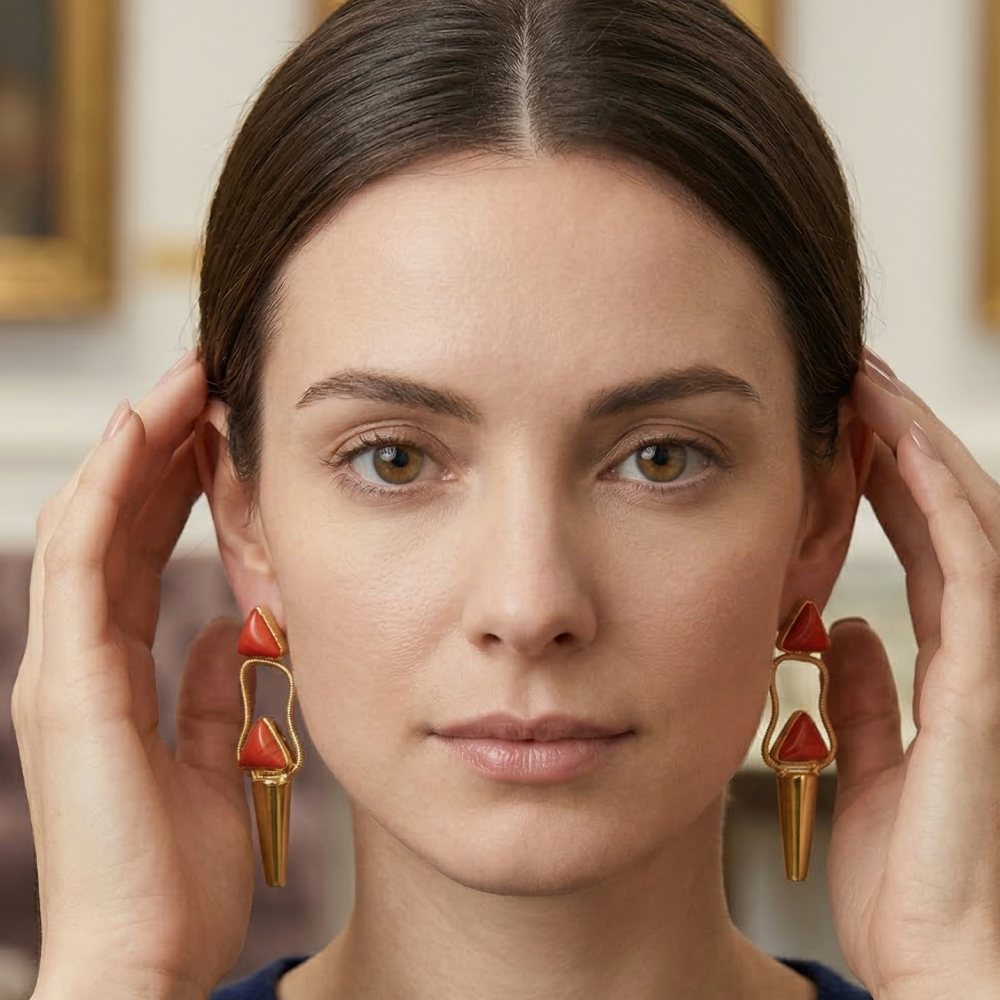 Coral Geometric Gold Tapered Drop Earrings | SHOBITAM