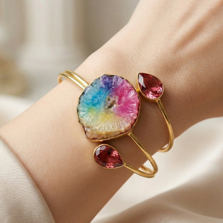 Rainbow Solar Agate Statement Handcuff Bracelet | SHOBITAM