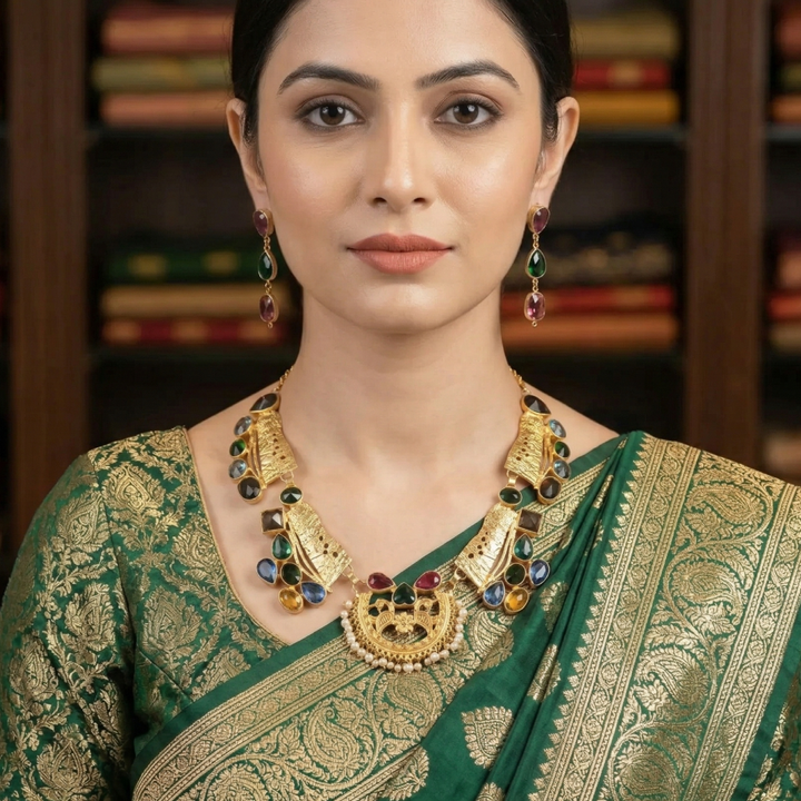 Peacock Motif Multicolor Stones Necklace Set | SHOBITAM
