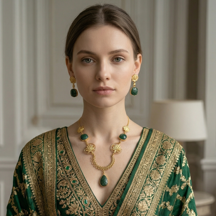 Emerald Green Lotus Motif Statement Necklace Set | SHOBITAM
