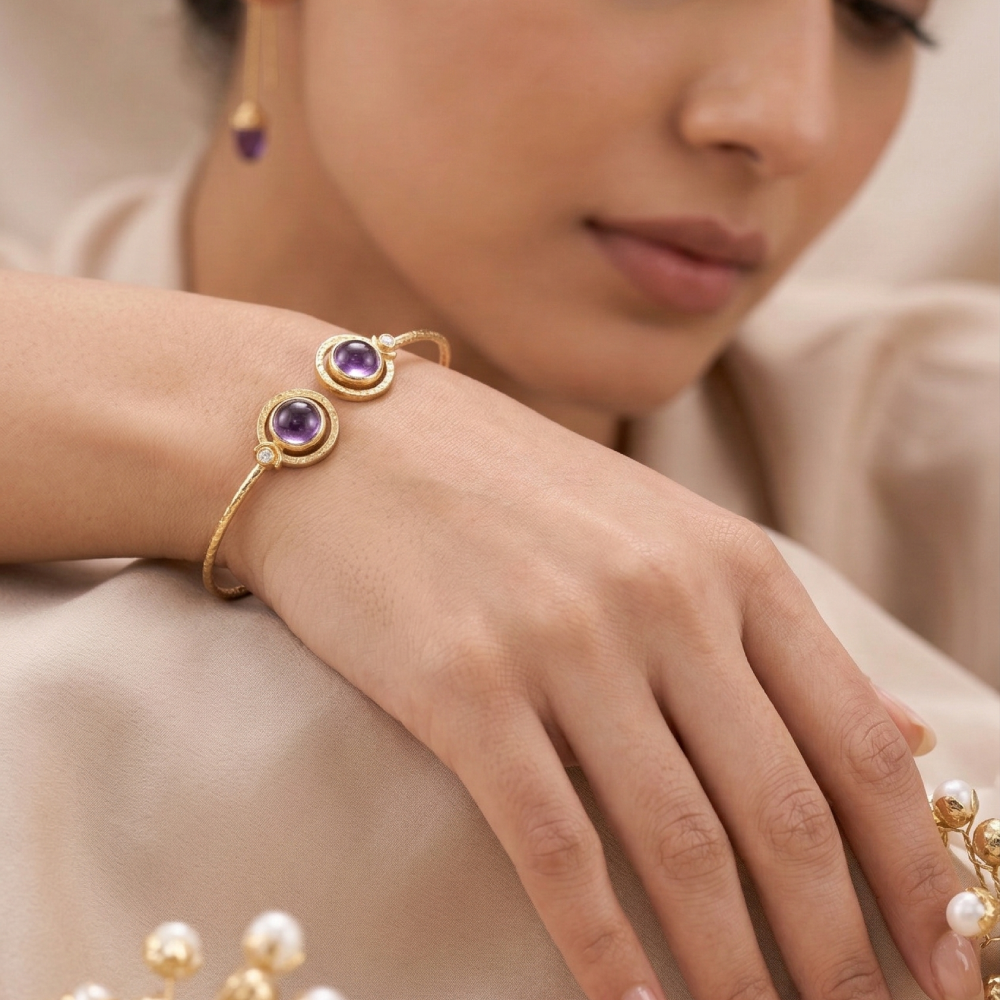 Amethyst Dual Stone Gold Handcuff Bracelet | SHOBITAM