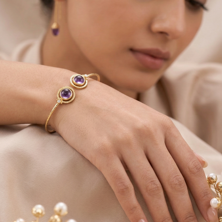 Amethyst Dual Stone Gold Handcuff Bracelet | SHOBITAM