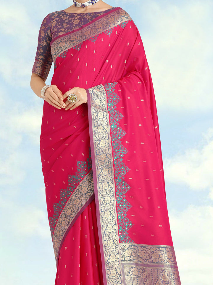 Semi Banarasi Silk Pink Color Weaving Saree| Shobitam