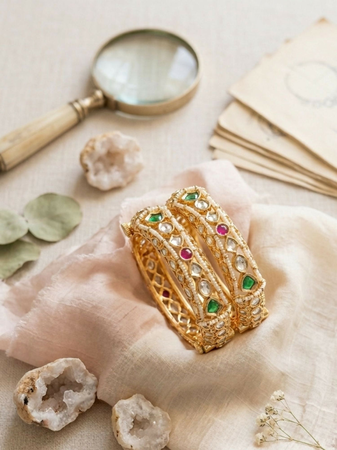 Gold Plated Multicolour Silm Polki Bangles  | SHOBITAM