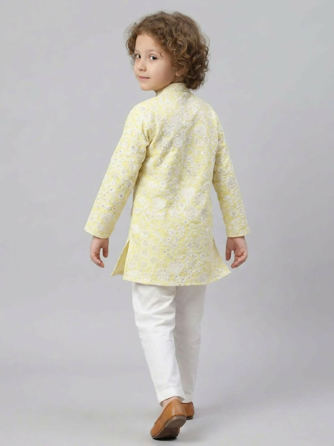 Boys Embroidered Light Yellow Kurta Pajama Set | SHOBITAM