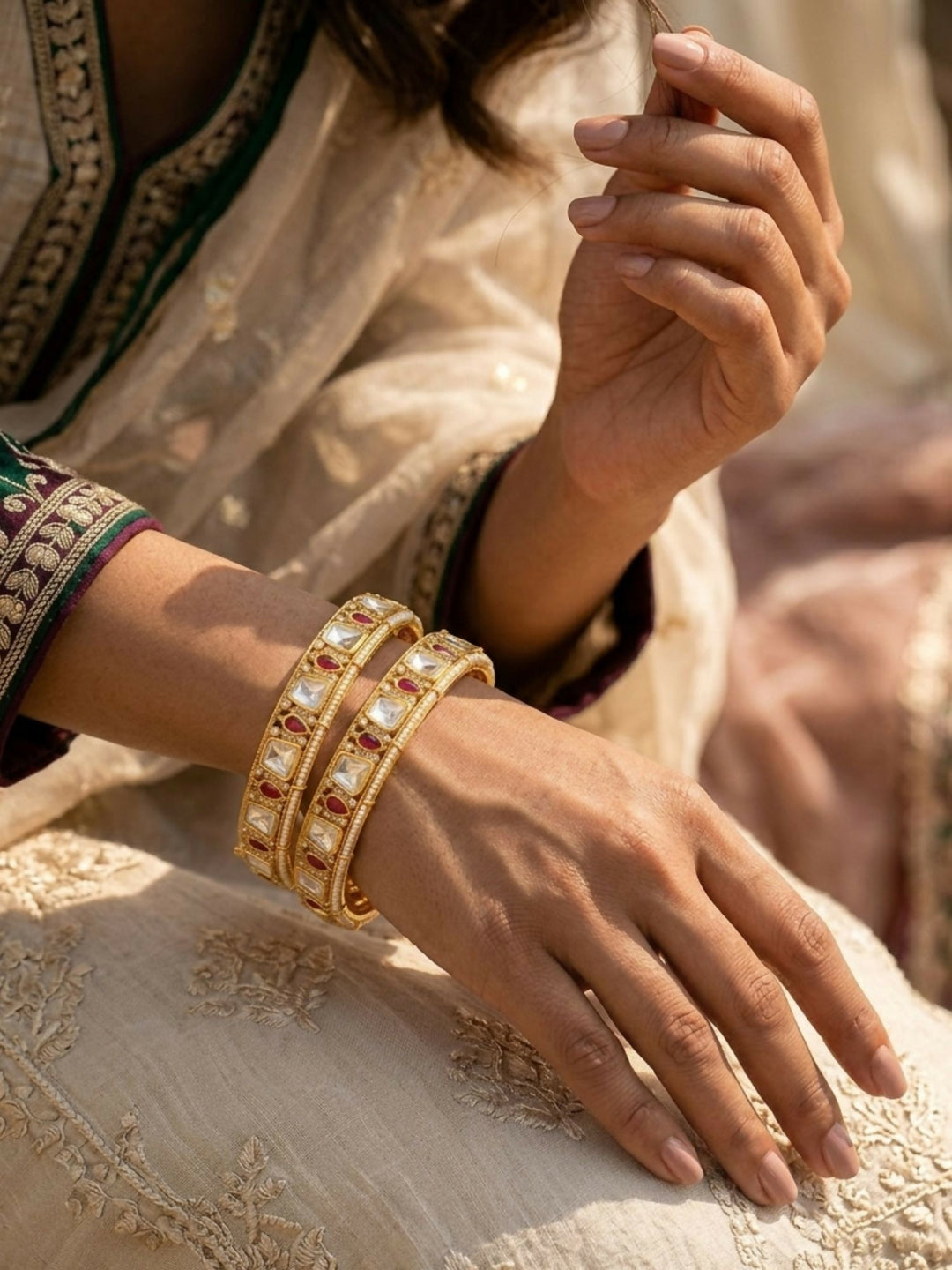 Gold Plated Classic Polki Moissanite Bangles | SHOBITAM