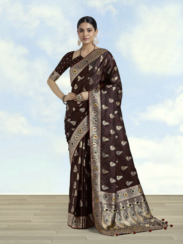 Maroon Color Banarasi Satin Silk Zari Weaving Saree | SHOBITAM