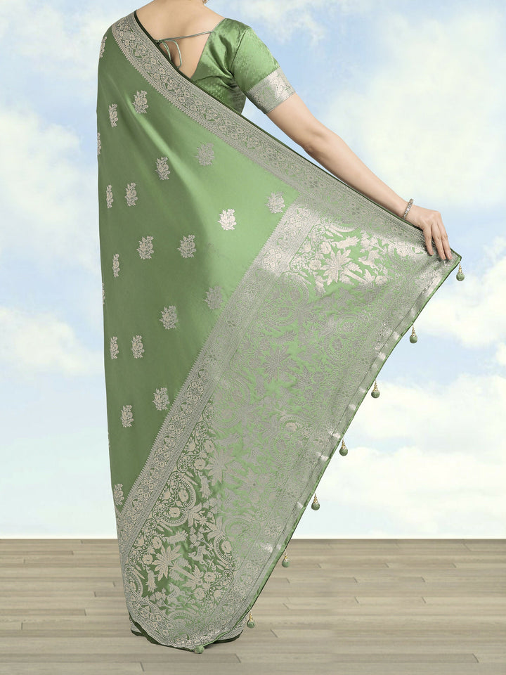 Light Green Zari Weaving Work Banarasi Satin Silk Saree |SHOBITAM